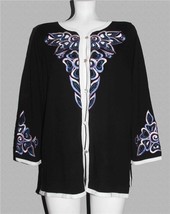 Bob Mackie Blue Lavender Pink Embroidered Beads Button Black Knit Cardig... - $26.99