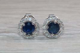 1.10Ct Round Cut Blue Sapphire &amp; Diamond Stud Earrings 14K White Gold Finish - £66.94 GBP