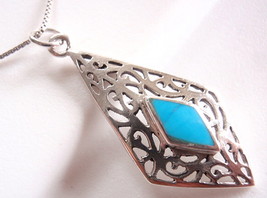 Blue Turquoise 925 Sterling Silver Filigree Necklace Hoop Corona Sun Jewelry - £24.50 GBP