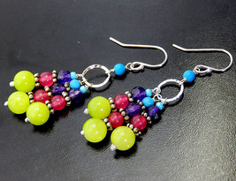 Colorful Chandelier Earrings, Boho Beaded Earrings, Neon Jade, Sterling Silver,  - £23.98 GBP