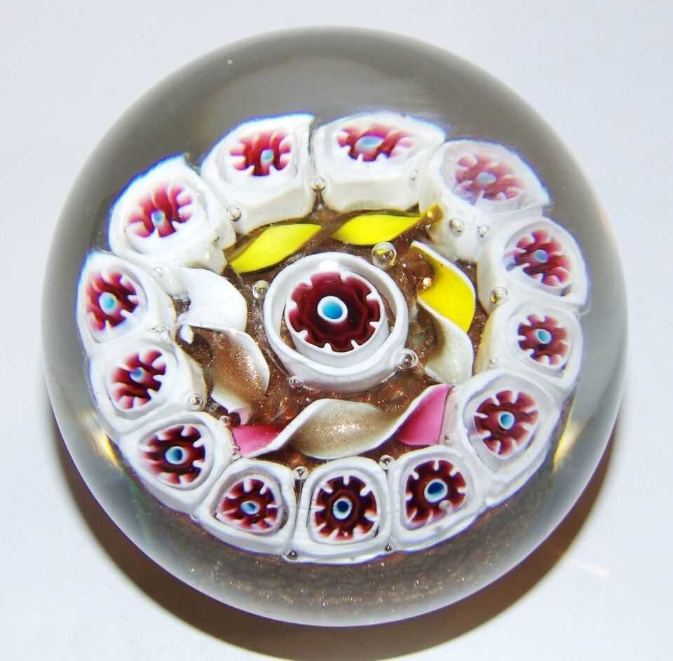 MURANO ITALY ART GLASS MILLEFIORI PINK WHITE YELLOW GOLD AVENTURINE PAPE... - $84.14