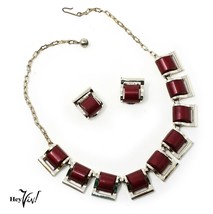 Vintage Deco Red Gold Thermoplastic Necklace &amp; Clip On Earrings Set - He... - £23.59 GBP