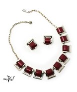 Vintage Deco Red Gold Thermoplastic Necklace &amp; Clip On Earrings Set - He... - £23.49 GBP
