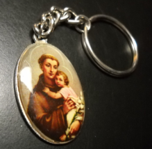 St Anthony Of Padua Key Chain Holding Baby Jesus Oval Metal Portrait View - £5.49 GBP
