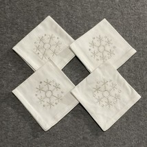 Set Of 4 Linen Embroidered Silver Snowflake Cocktail Napkins Christmas 1... - £10.90 GBP