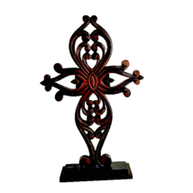Pier 1 Wooden Carved Pedestal Cross Brown with Copper Glaze - £18.19 GBP
