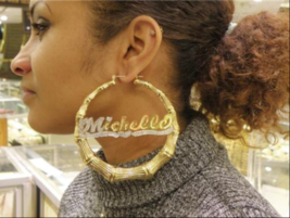 Personalized 14k Gold Overlay Name hoop Earrings Bamboo Earrings 4 inch - $34.00