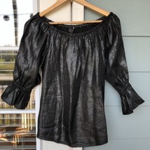 Lucky Brand Metallic Black Off The Shoulder Top Shirt Peasant Ruffle Small $80 - £23.36 GBP