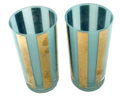 Tumblers Blue Vintage Drinking Glasses Gold Vertical Band Two Scratches ... - $19.68