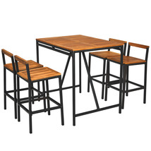 5Pcs Outdoor Rattan Bar Table Stool Set Acacia Wood Top W/Umbrella Hole - $439.99