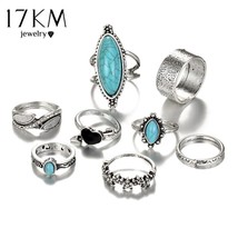 17KM Vintage Big Stone Midi Ring Set For Women Boho Antique Silver Color Heart F - £8.38 GBP