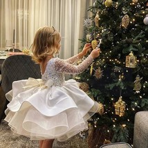 Formal Long Sleeve Sequins  Wedding  Dress Birthday Evening Bow Kids Dress for G - £101.03 GBP