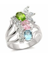 Aqua, Pink, &amp; Green Oval CZ Cocktail Ring .925 Sterling Silver - £22.43 GBP