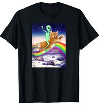 Delta Alien Riding a Cat Over a Rainbow Planets Black T-Shirt Adult Size L NWOT - £11.71 GBP