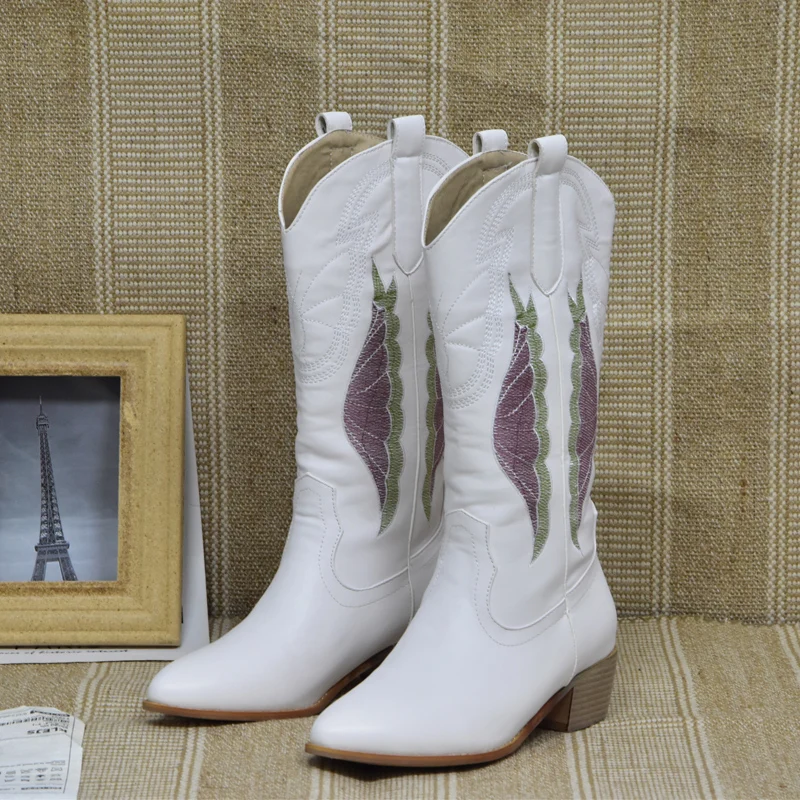 White Pointed Toe Purple  Embroidery  western boy boots  thick boots woman winte - £112.65 GBP