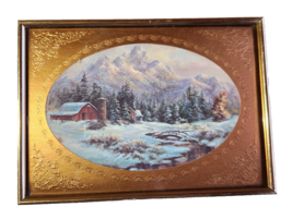 Vintage Framed Red Barn Mountains Bridge in Snow Scene Farmhouse Chic 80... - $45.00