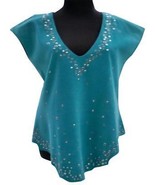 Donald Pliner Suede Leather Top S/M Embellished Tunic V Neck Aqua Turq $995 NWT - $398.00