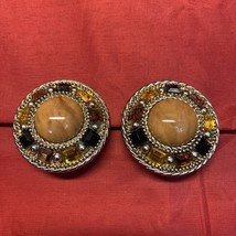 Vintage Ornate Yellow Beaded Gold Tone Clip On Earrings Estate Jewelry KG - $9.89