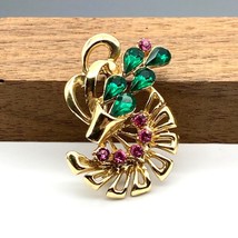 Vintage Blooming Cactus Brooch, Bright Floral Green and Pink Crystals on Gold - £30.05 GBP