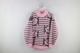 Vintage 90s Streetwear Womens Medium Striped Rose Flower Knit Sweater Pink USA - £46.93 GBP
