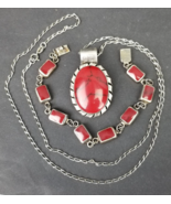 TAXCO red jasper jewelry set Necklace &amp; Pendant &amp; Bracelet Mexico 925 St... - $159.99