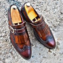 New Brown Monk Single Buckle Strap Handmade Fringed Wing Tip Genuine Leather Sho - £114.10 GBP