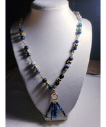 19 In Handmade Necklace Blues Gold Spacers Electric Blue Metal Tassel - £25.80 GBP