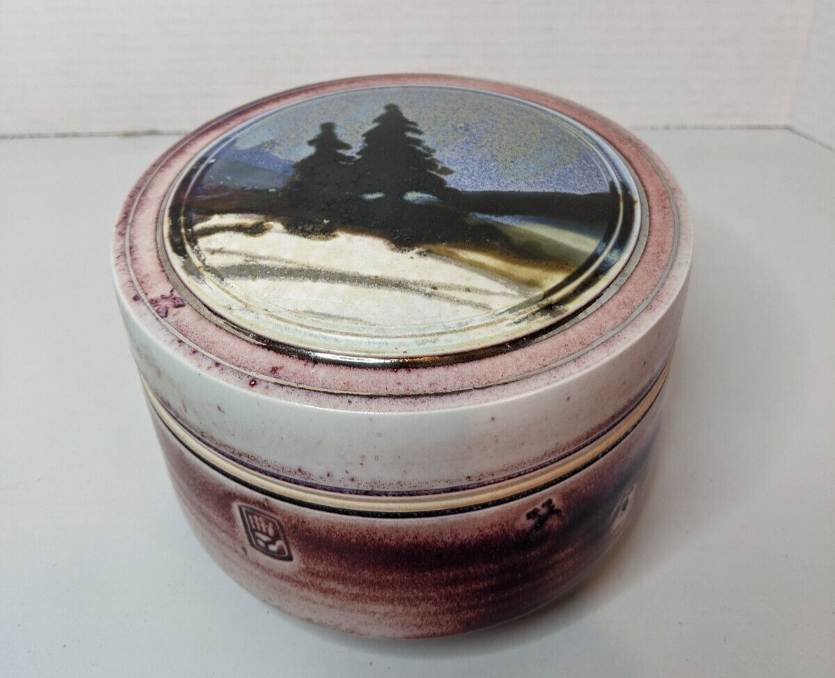 Primary image for Vintage Ceramic Pottery Dish Jar With Top Handmade Pottery Pine Trees Stamped