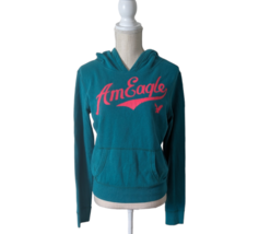 American Eagle AEO Womens Teal Green Pink Spell Out Hoodie Sweatshirt Sz Small - £15.68 GBP