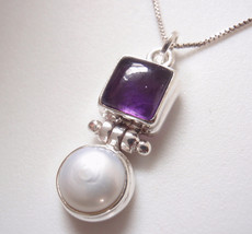 Cultured Pearl &amp; Faceted Square Amethyst 925 Sterling Silver Necklace - £15.65 GBP
