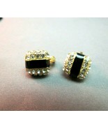 NWH Clip Earrings Rhinestones Luxury Gold Plated Finish 12mm Square Blac... - $18.99