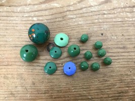 Vintage Antique Mid Century Set Lot 14 Assorted Green Glass Buttons Seed Beads - £12.01 GBP