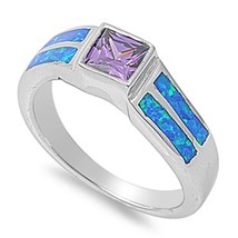 Opal Ring Sterling Silver October Princess Blue Simulated Opal Ring - £51.15 GBP+