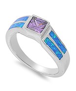 Opal Ring Sterling Silver October Princess Blue Simulated Opal Ring - £51.14 GBP+