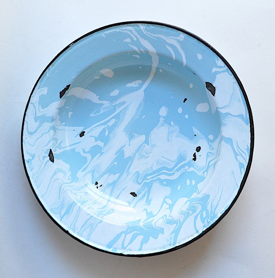 Lot 6 Light Blue & White Swirl Enamel Graniteware 10" Soup Plates Bowls Sky VTG Item image 4
