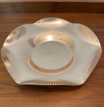 Vintage 9&quot; Round ruffled edge pink aluminum candy dish w/oak leaf &amp; acorn design - £7.86 GBP