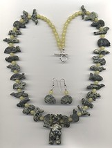 Dark Green Serpentine and Olive Jade Jewelry Set with Standing Bear Drop - £39.01 GBP