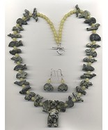 Dark Green Serpentine and Olive Jade Jewelry Set with Standing Bear Drop - $68.38 CAD