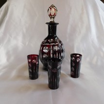Dark Red Cut to Clear Decanter Plus Three Small Cups # 22597 - $139.95