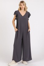 Mittoshop V-Neck Ruffled Jumpsuit with Cap Sleeves and Wide Leg Design - $40.65