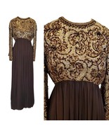 Vintage 60s Couture Silk Beaded Dress Gown Gold Brown Longsleeve Medium ... - £148.86 GBP