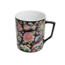Black Noir Floral Coffee Mug Cup Oriental Pattern Pink Blue Green Ceramic - $9.88