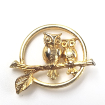 VTG Avon Two Owls On Branch Moon Circle Owl Bird Gold Tone Pin Tie Tack - £10.27 GBP