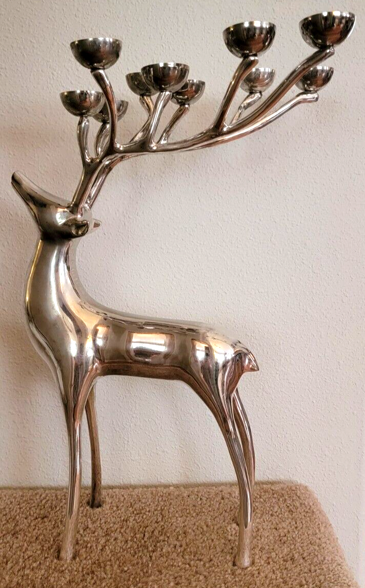 Pottery Barn Large 10 Point REINDEER CANDELABRA Silver Plate 20" Spectacular! - $229.00
