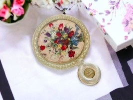 Vintage Signed Vv&#39;s Clear Lucite Round Hand Mirror Floral 4&quot; X 3 3/4&quot; US... - £8.77 GBP