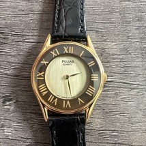 Vintage Pulsar Watch Women Gold Tone Dial Black Leather Band - $34.87