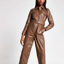 Handmade Original Soft Lambskin Leather Jumpsuit Brown Women Casual Part... - £196.14 GBP+