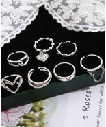 7 Piece Ring Set - Silver Stackable Rings - Midi Rings - £9.57 GBP