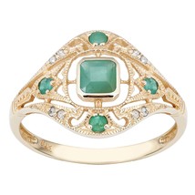 10k Yellow Gold Vintage Style Genuine Emerald and Diamond Ring - £151.52 GBP