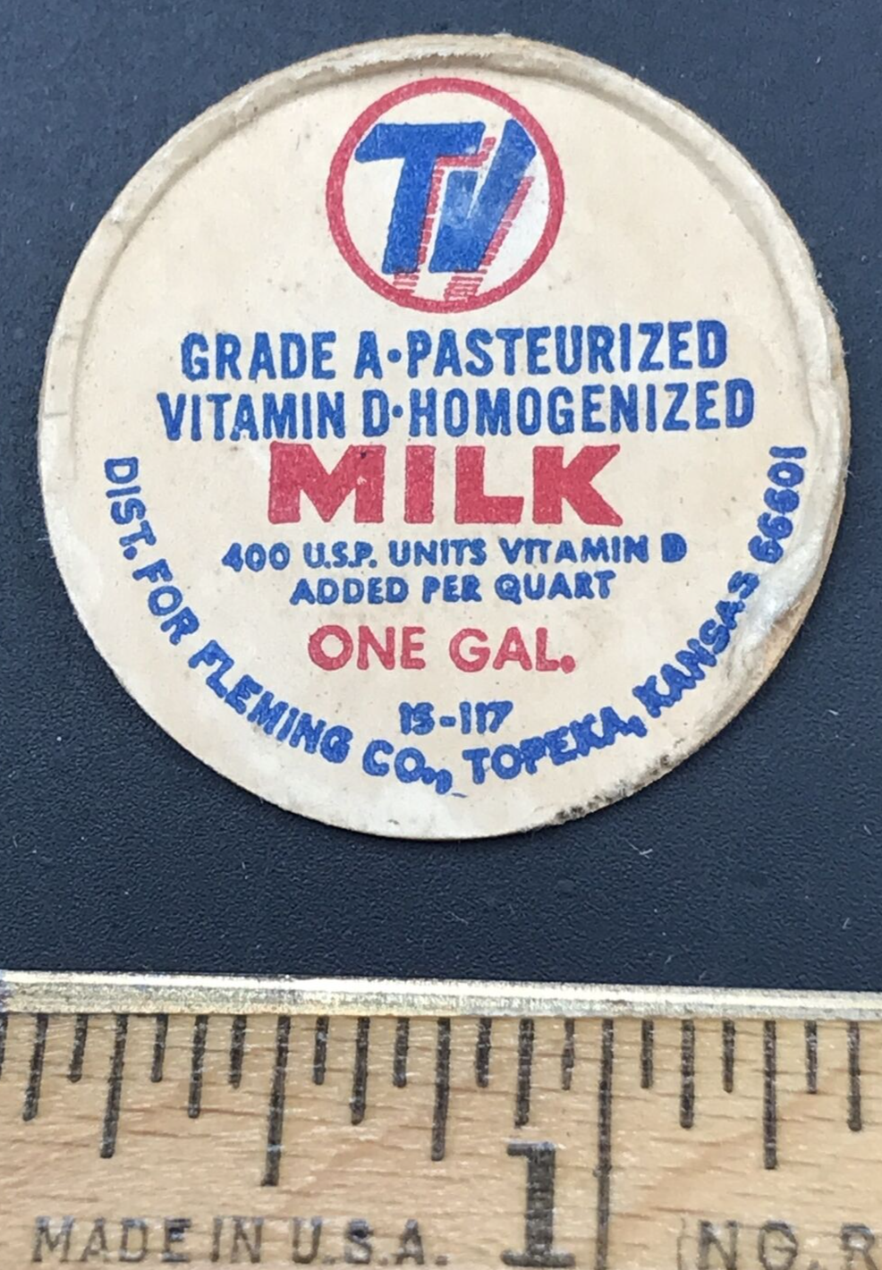 Primary image for Vintage TV Fleming Co Dairy Milk Bottle Cap Lid 1 1/4" Diameter Topeka KS Kansas